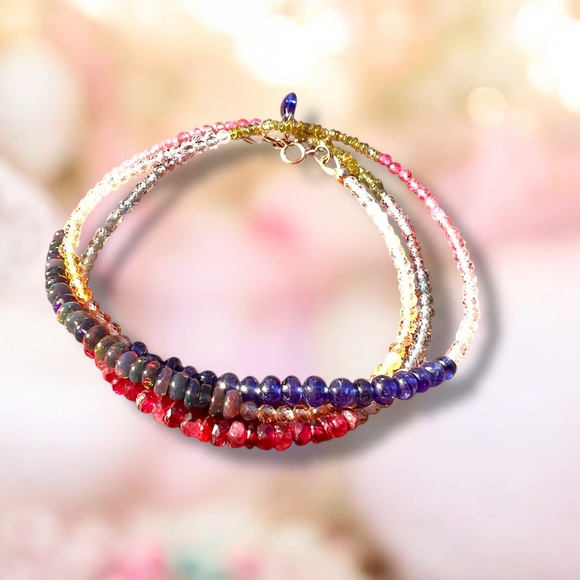 14K Gold Rubellite, Sapphire, Black Opal Wrap Bracelet Convertible Necklace - Picture 1 of 7